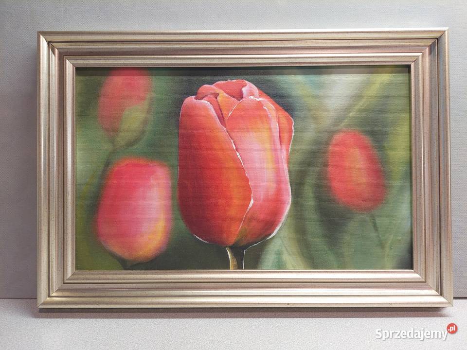 Kwiaty w jasnozłotej ramie trzy obrazy wielokolorowy Dekoracje i ozdoby Wrocław