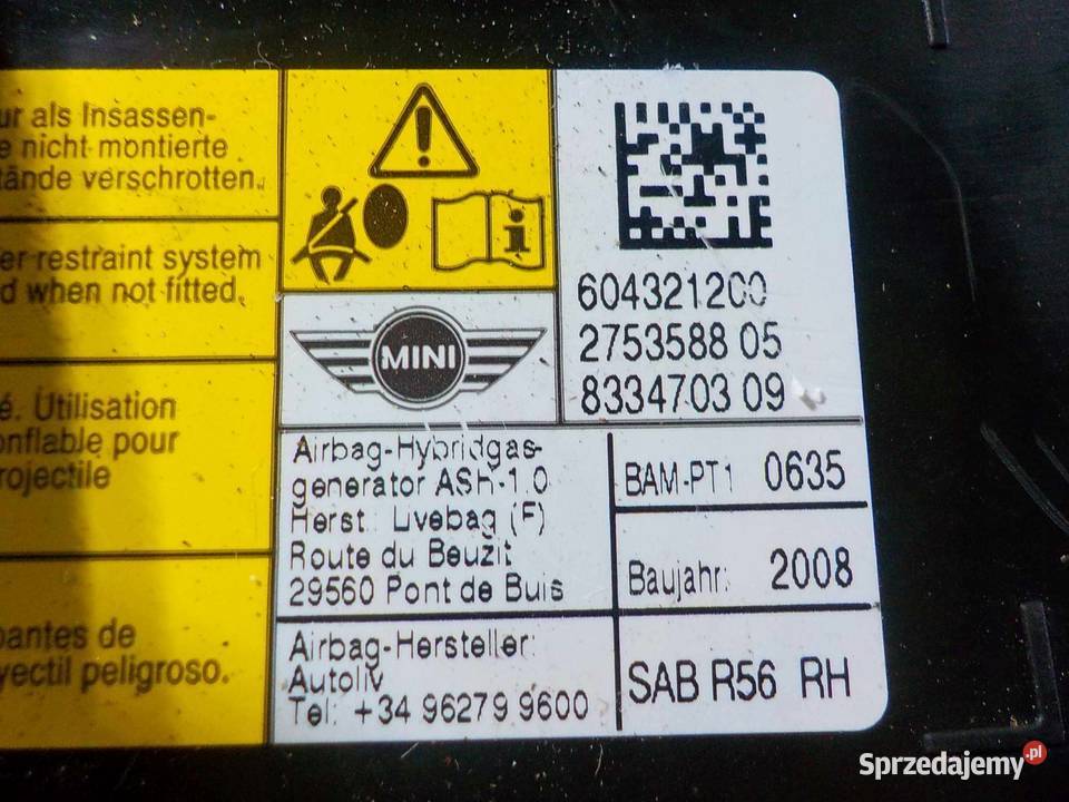 CLUBMAN I R55 AIRBAG poduszka fotela prawa osobowe Suków