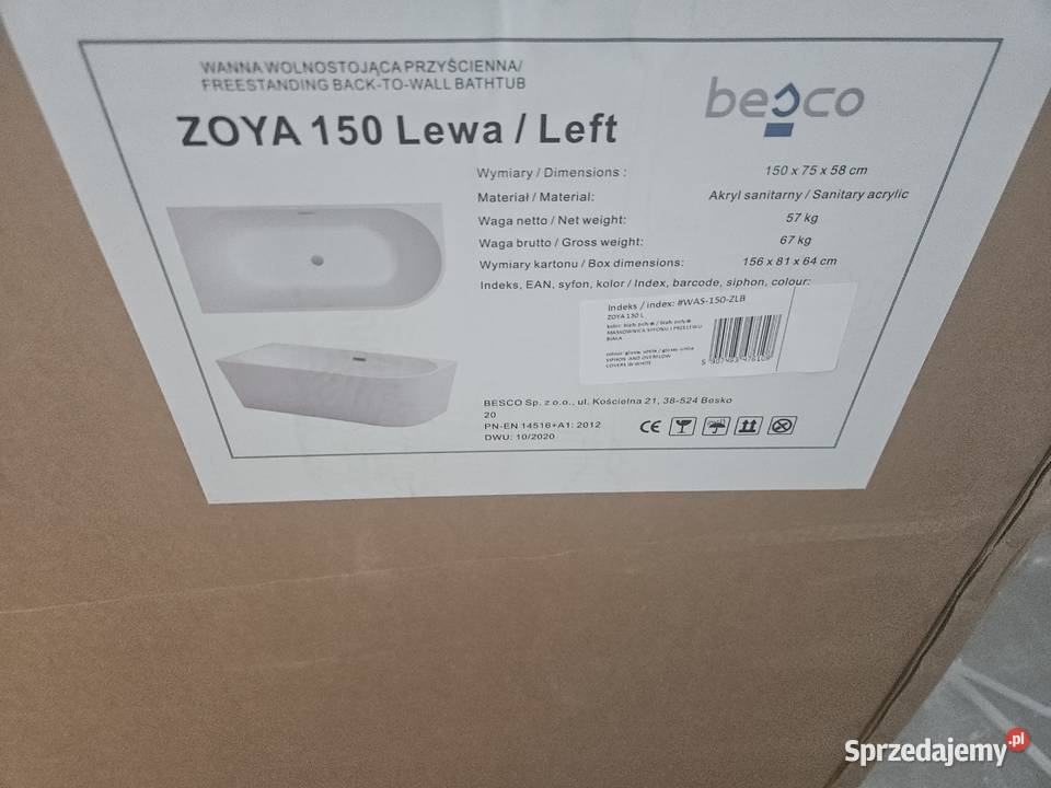 Besco ZOYA Wanna prostokątna asymetryczna 150x75 Wanny Kiełpino sprzedam