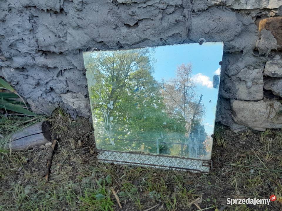 Stare lustro grawerowane z półeczką zabytek PRL retro