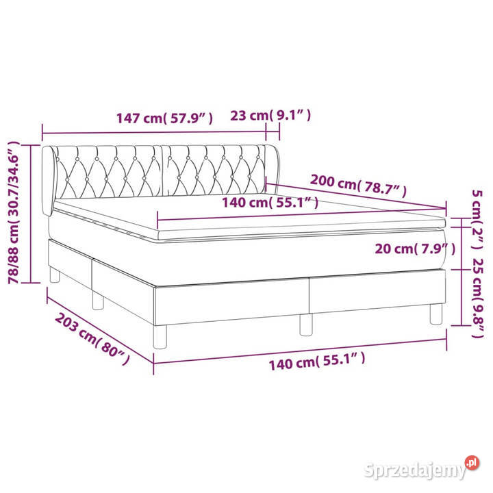Łóżko z Materacem Kontynentalne Czarne Do 147cm Łóżka