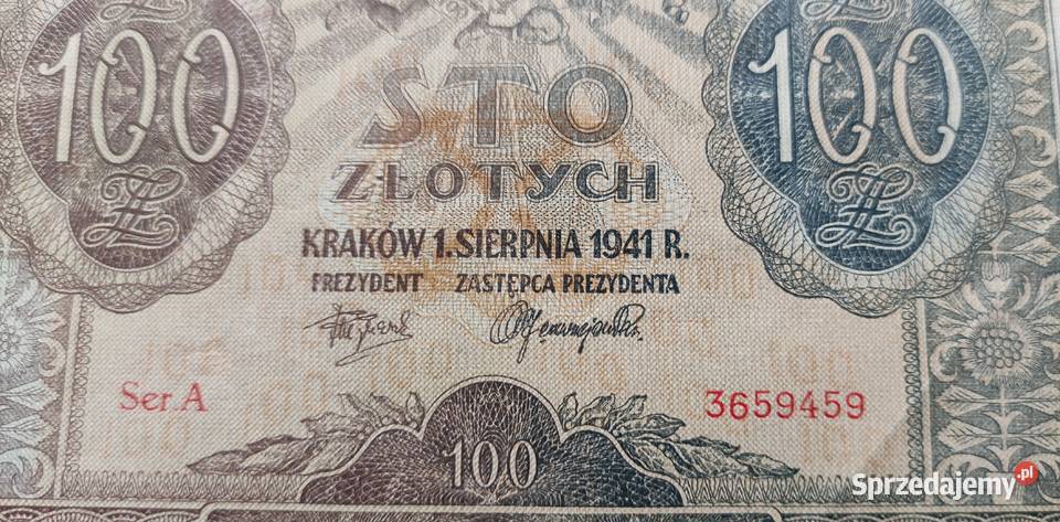 Banknot GG 100 złotych 1941 Seria A Piękny Numizmatyka Pruszków