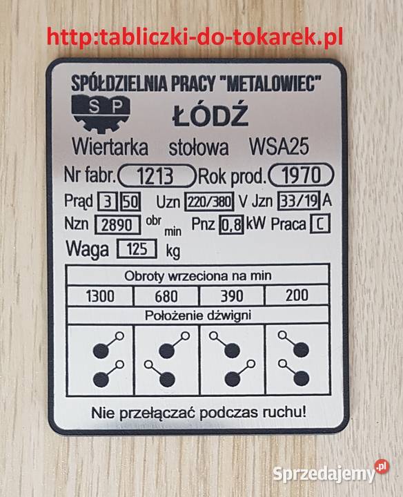 Wiertarka WSA 25 Tabliczka Tabela Obrotów Ręczne Zelów