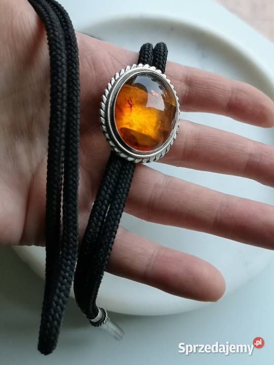 krawat Bolo z bursztynem srebro vintage 18 L Toruń