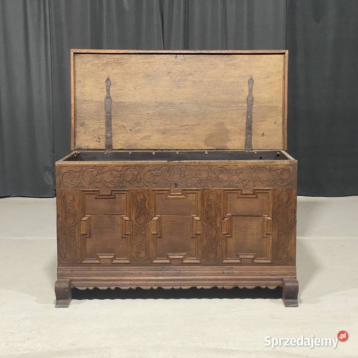 Antyczna skrzynia dębowa XIX wiek rzeźbiony Meble Budno