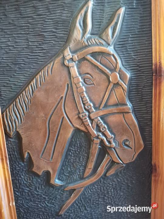 Stary miedziany obraz Koń metaloplastyka design