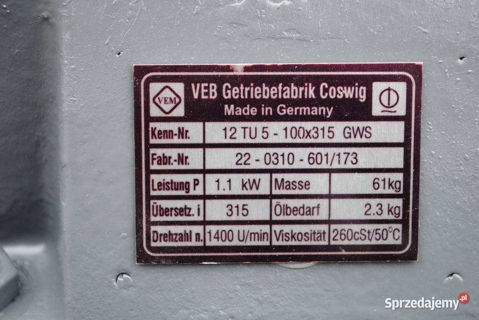 Motoreduktor kątowy 11kw 34obrmin VEM Kargowa