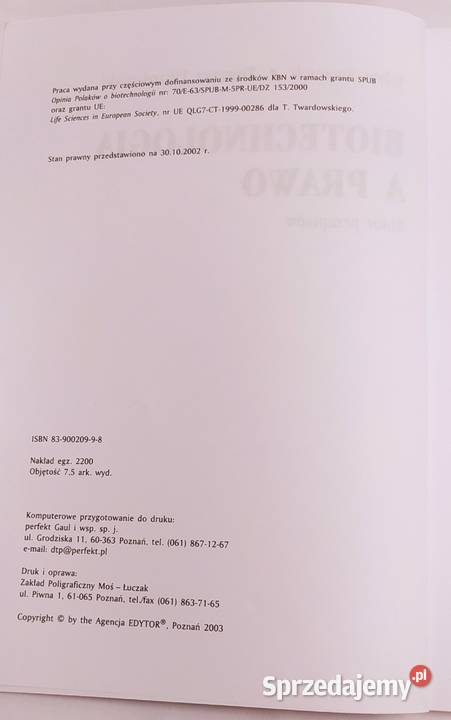 BIOTECHNOLOGIA A PRAWO zbiór przepisów miękka podlaskie Hajnówka sprzedam