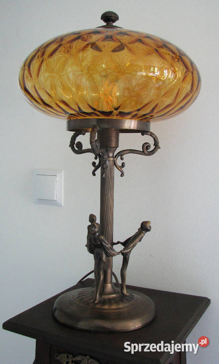 Mosiężna Lampa stołowa miodowy klosz łódzkie