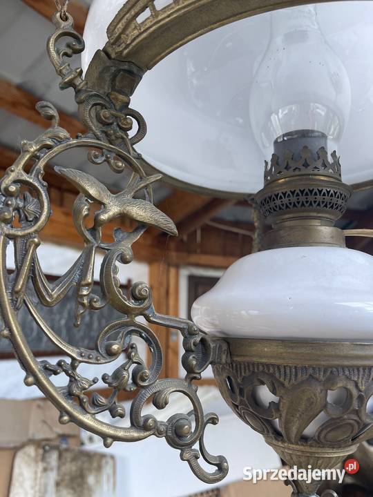 Stara lampa naftowa żyrandol mosiądz porcelana Antyki, Sztuka, Kolekcje Bystrzyca Kłodzka