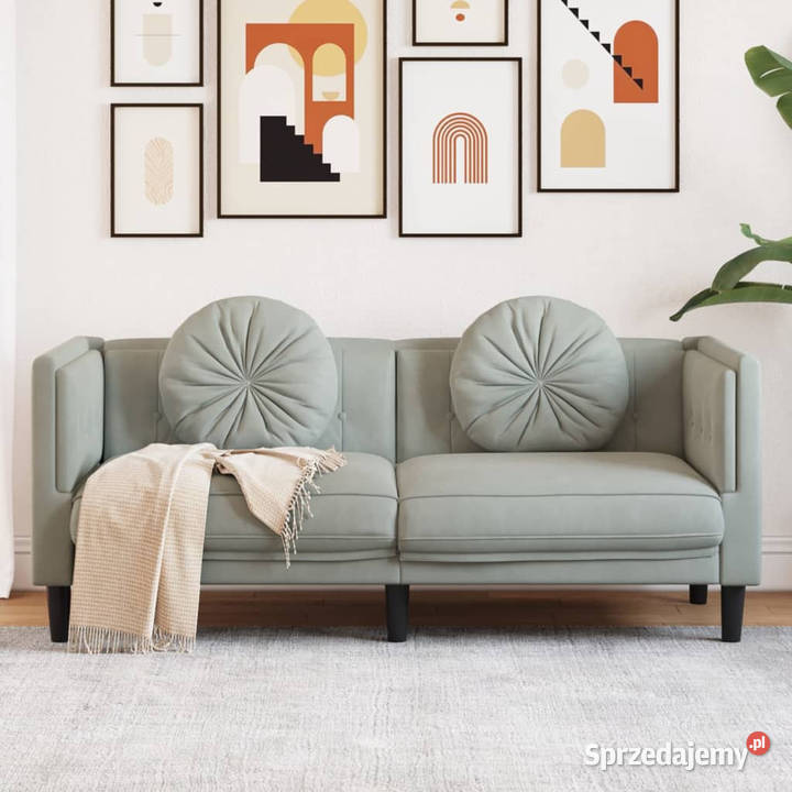 Sofa 2osobowa z poduszkami jasnoszara aksamit Warszawa