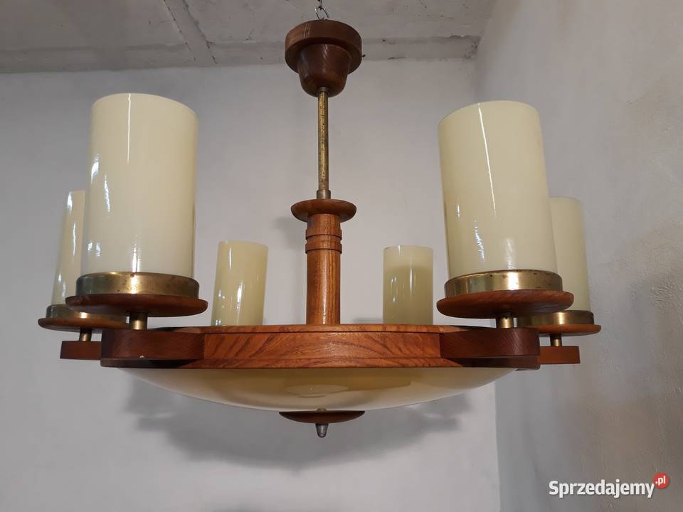 Żyrandol lampa drewniana mosiężna 6 szklanych odcienie brązowego Oświetlenie