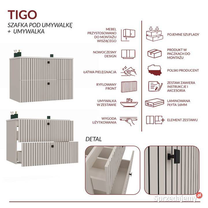 Szafka pod umywalkę TIGO 80 2S Kasztan Ryflowany sprzedam