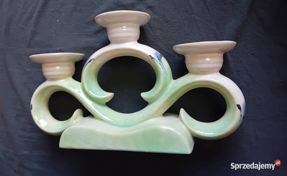 Ceramiczny turkusowy świecznik trójramienny art