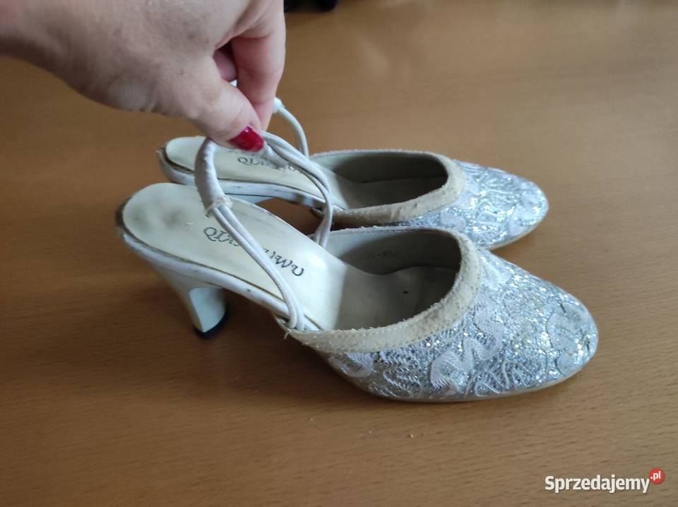 srebrne brokatowe vintage ślubne wizytowe buty Kielce