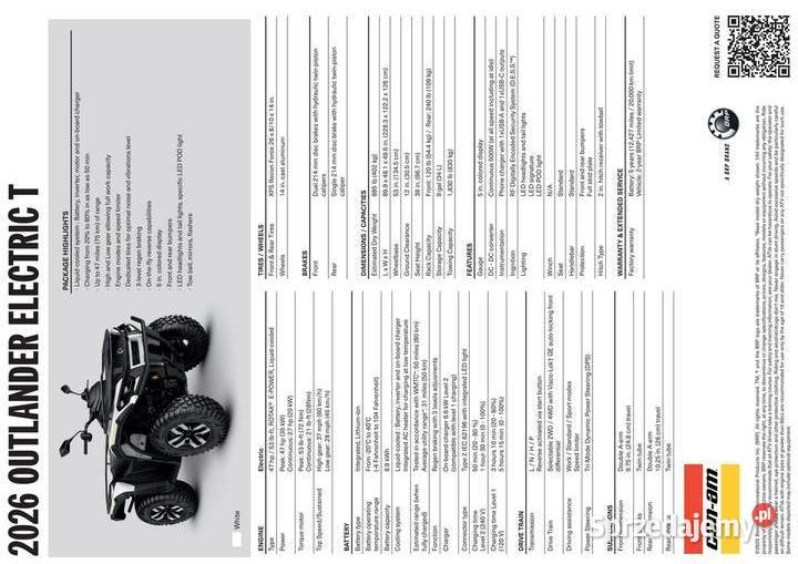 Quad Atv CanAm Outlander Electric 2026 2WTD T3b automatyczna Nowy Sącz