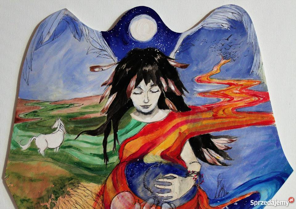 Duży anioł malowany akrylami na drewnie ANIOŁ Katowice