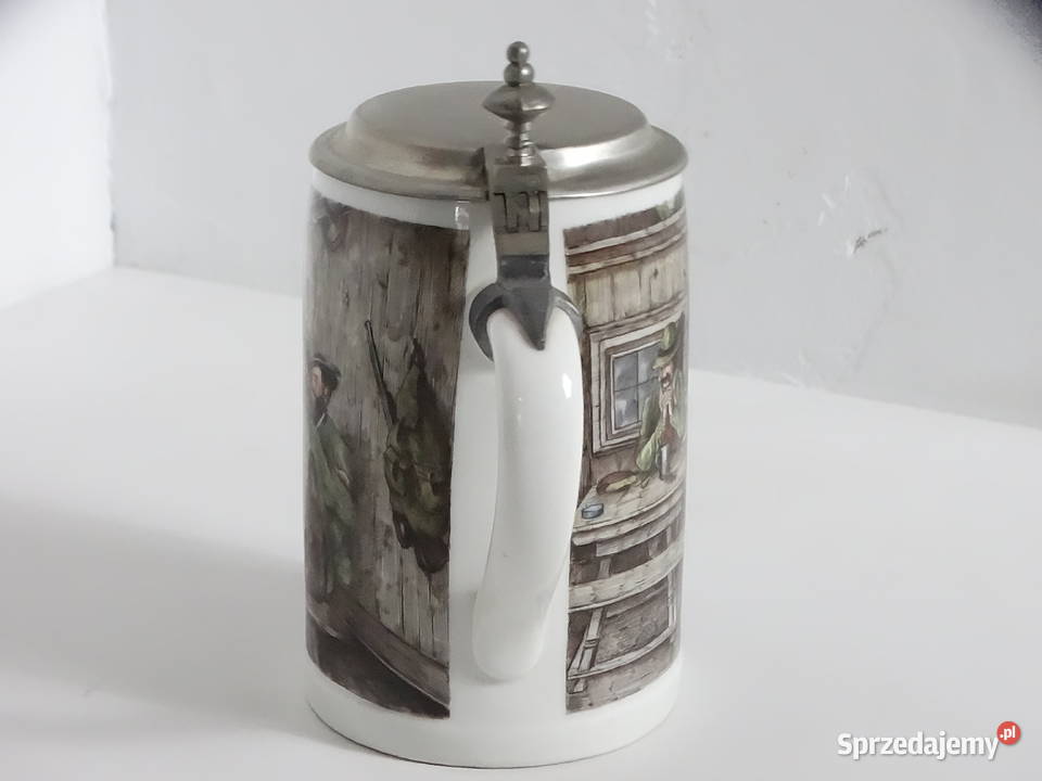 Zabytkowy porcelanowy kufel z cynową pokrywką Biłgoraj
