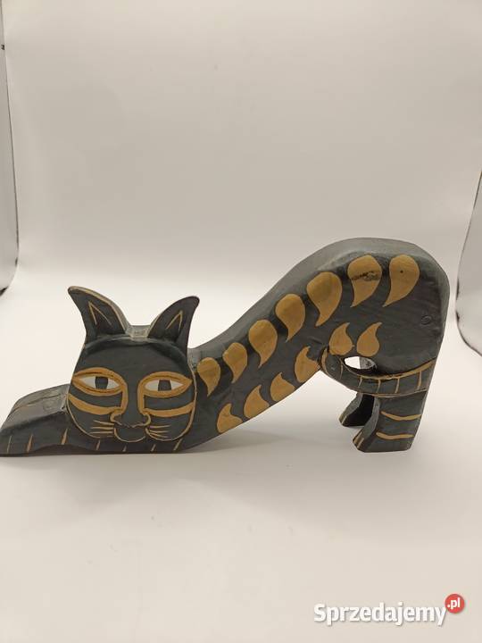 Figurka vintage Kot rzeźba drewno czerń złocenia lubelskie Zamość