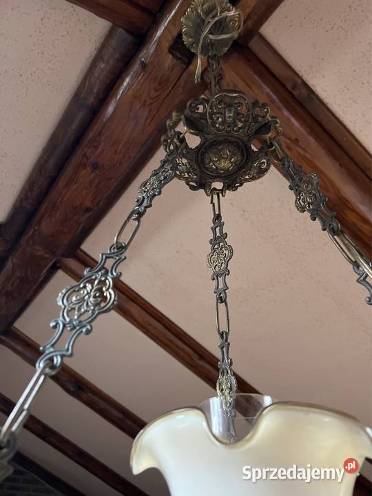 Żyrandol mosiężny lampa naftowa porcelana Bystrzyca