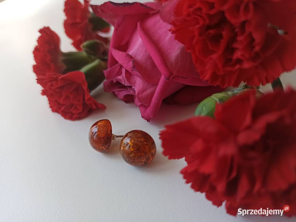 Kolczyki bursztyn naturalny okrągłe srebro 925 Kolczyki