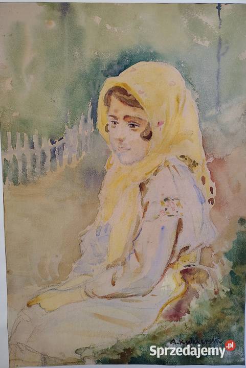Wiejska dziewczynka stara akwarela pomorskie Kartuzy sprzedam