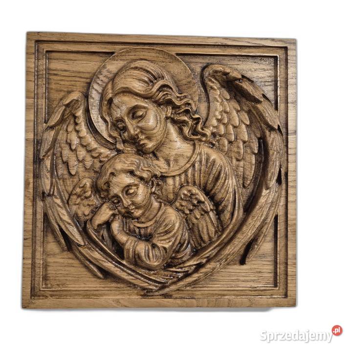 Płaskorzeźba z drewna Anioły ochrona i spokój Wyposażenie wnętrz Malechowo