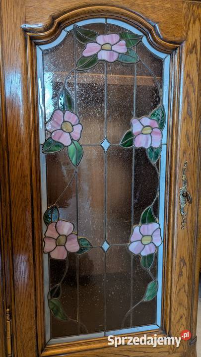 Piękna dębowa witryna udwikowska z witrażemsklep Dąbrowa Górnicza