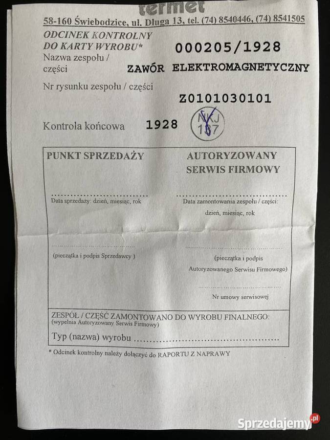 Zawór elektromagnetyczny Termet Z0101030101 Kotły i Piece CO podkarpackie Rzeszów