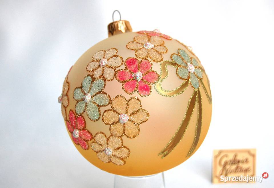 Bombka szklana żółta ręcznie malowana kwiaty lubelskie