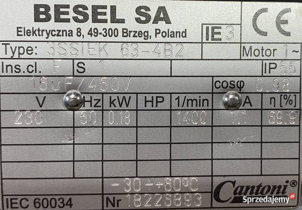 silnik elektryczny 018kW 1400obr 1fazowy 230V Pigża sprzedam