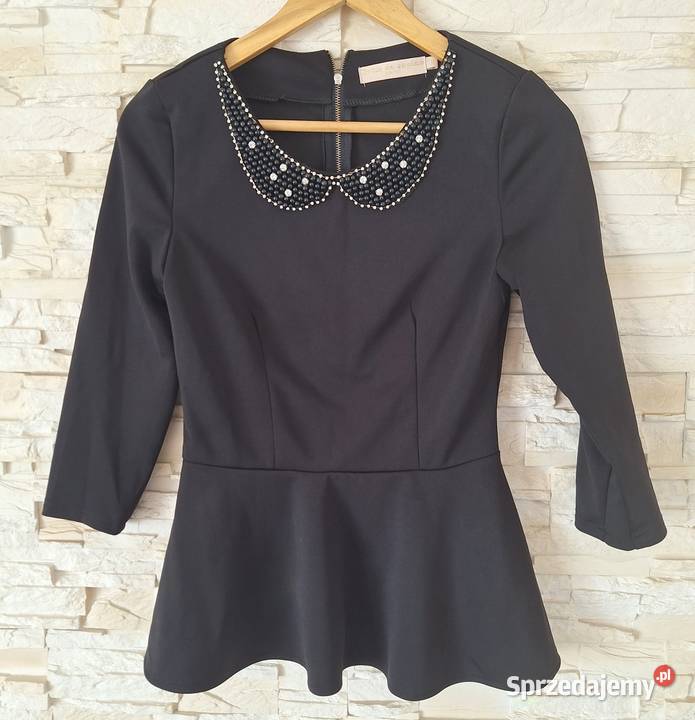 Czarna bluzka z baskinką i ozdobnym kołnierzem 3/4 Kraków sprzedam