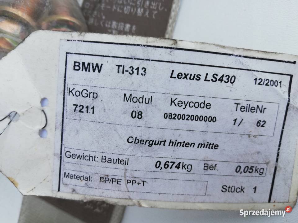 PAS BEZPIECZEŃSTWA TYŁ ŚRODKOWY LEXUS LS430 Nowy Tomyśl sprzedam