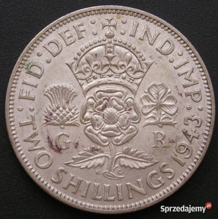 WIELKA BRYTANIA 2 SHILLING 1943 JERZY V SREBRO