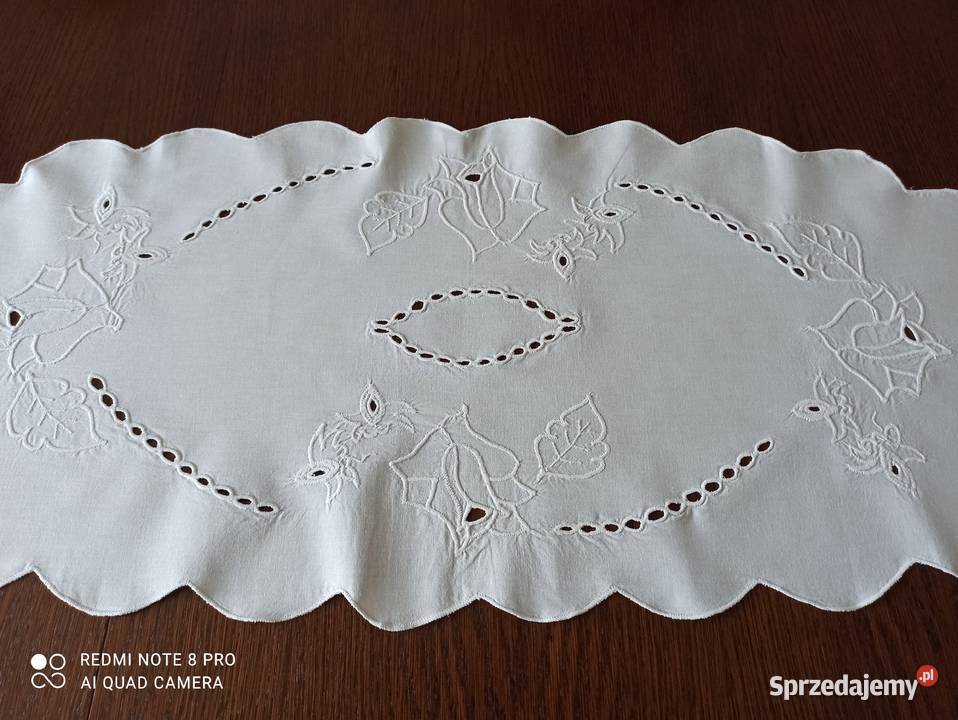 Bieżnik obrus bawełna haft Richelieu PRL biały Bieżniki Białystok