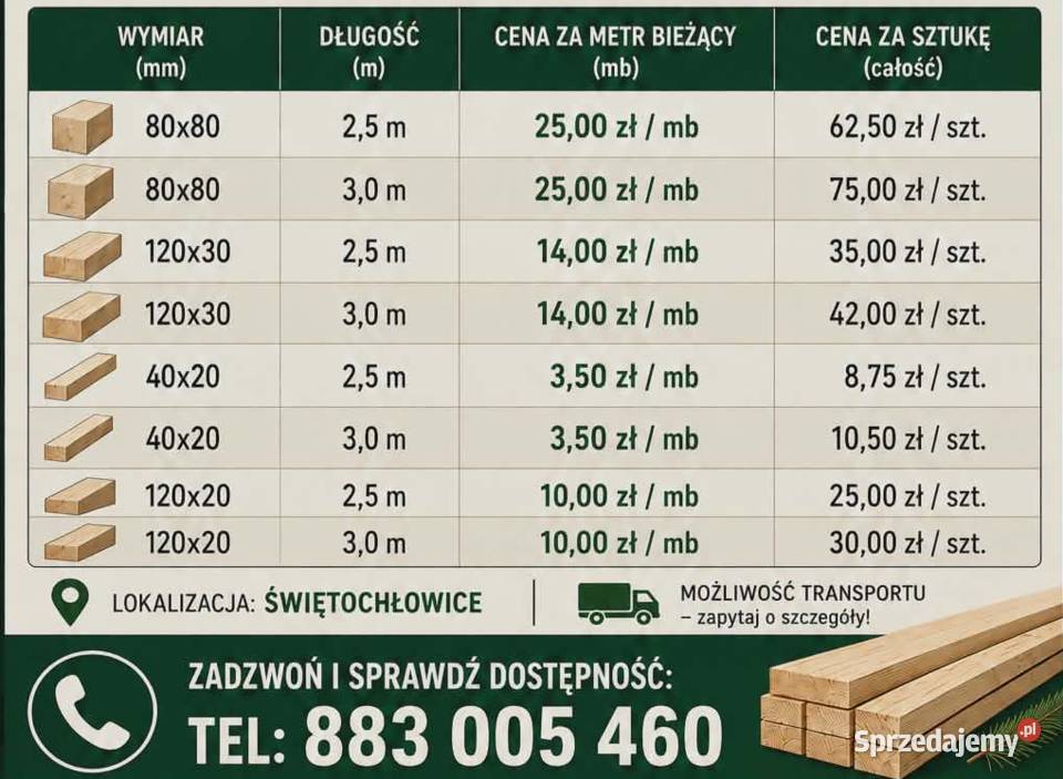 Drewno budowlaneDeski Łaty Kantówki 80x80 Cennik Świętochłowice
