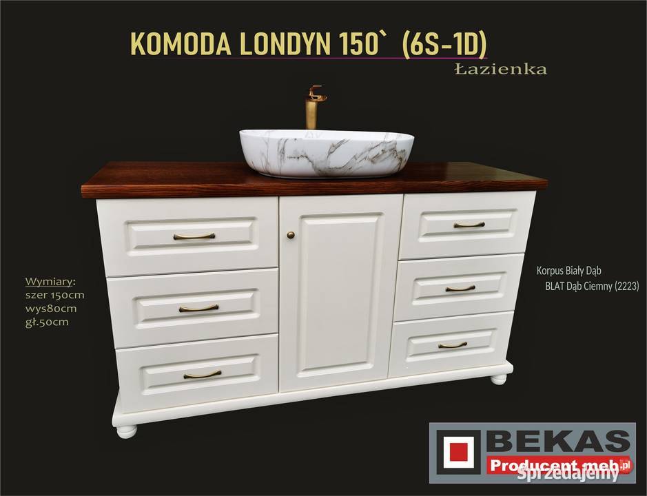 Łazienka Komoda Biały Dąb Londyn 6S1D Blat Dąb Inowrocław
