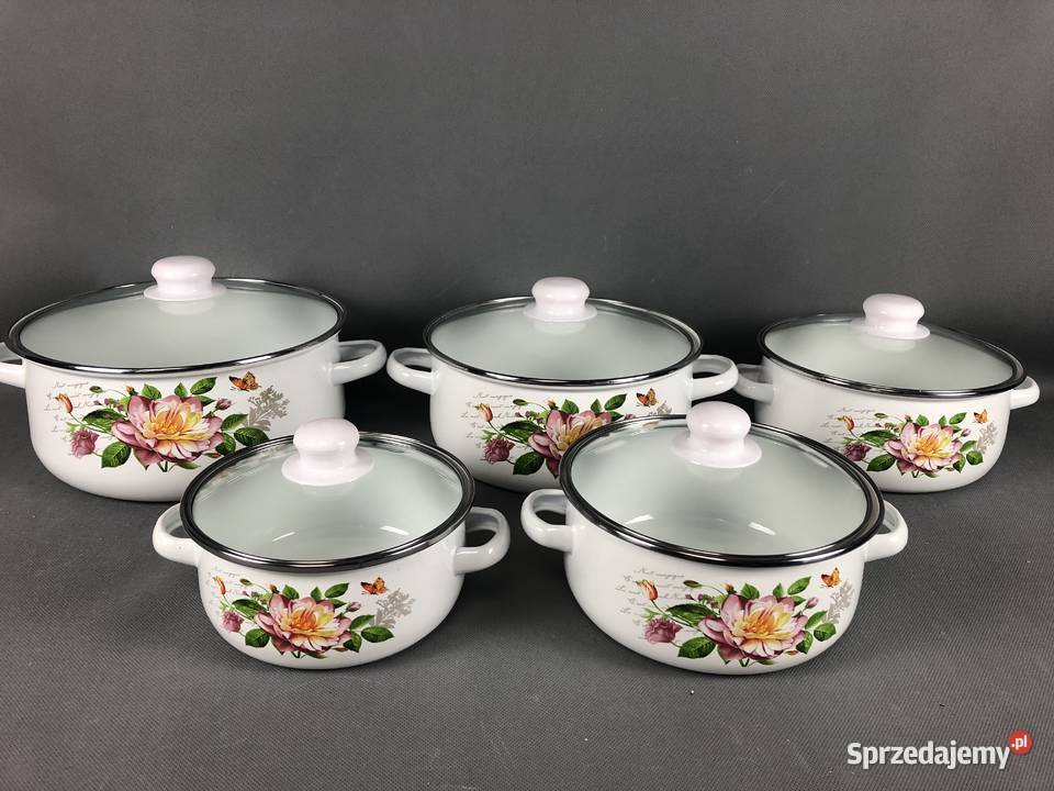 Garnki białe emaliowe w różnych wzorach