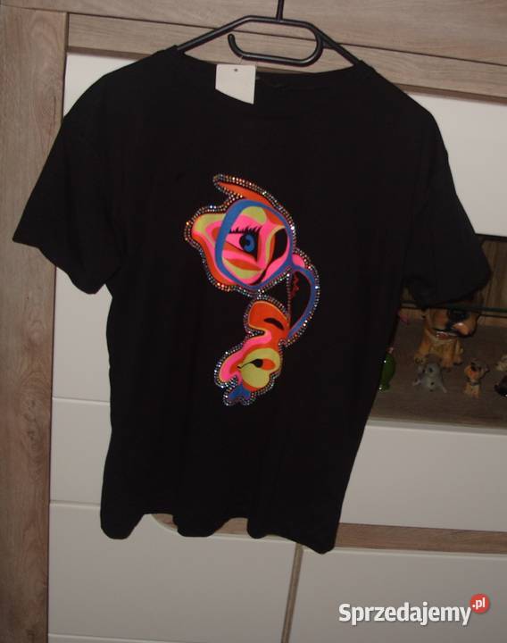 LAMICIMI czarny tshirt z Neonową Twarzą w Odzież damska Rawicz sprzedam