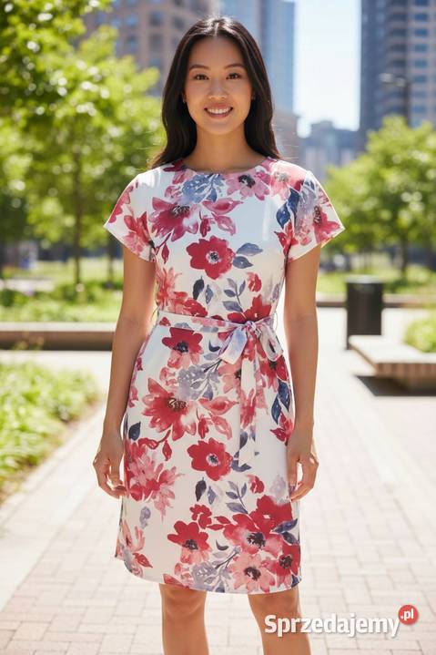 Sukienka damska elegancka kwiaty falbana wiązana kolorowy Wieluń