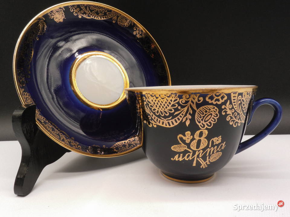 ŁOMONOSOW KOBALTOWA FILIŻANKA ZE SPODKIEM Raszków