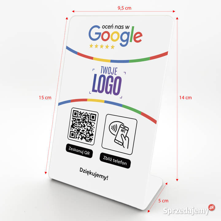 Stojak prezenter gięty z QR NFC i logo firmy do mazowieckie