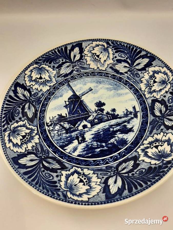 Piękny talerz kobaltowy Delft wiatrak sygnowany Inowrocław