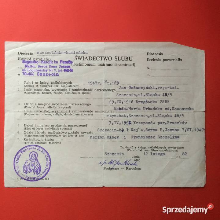 1769 Świadectwo Ślubu Gołuszyński Szczecin