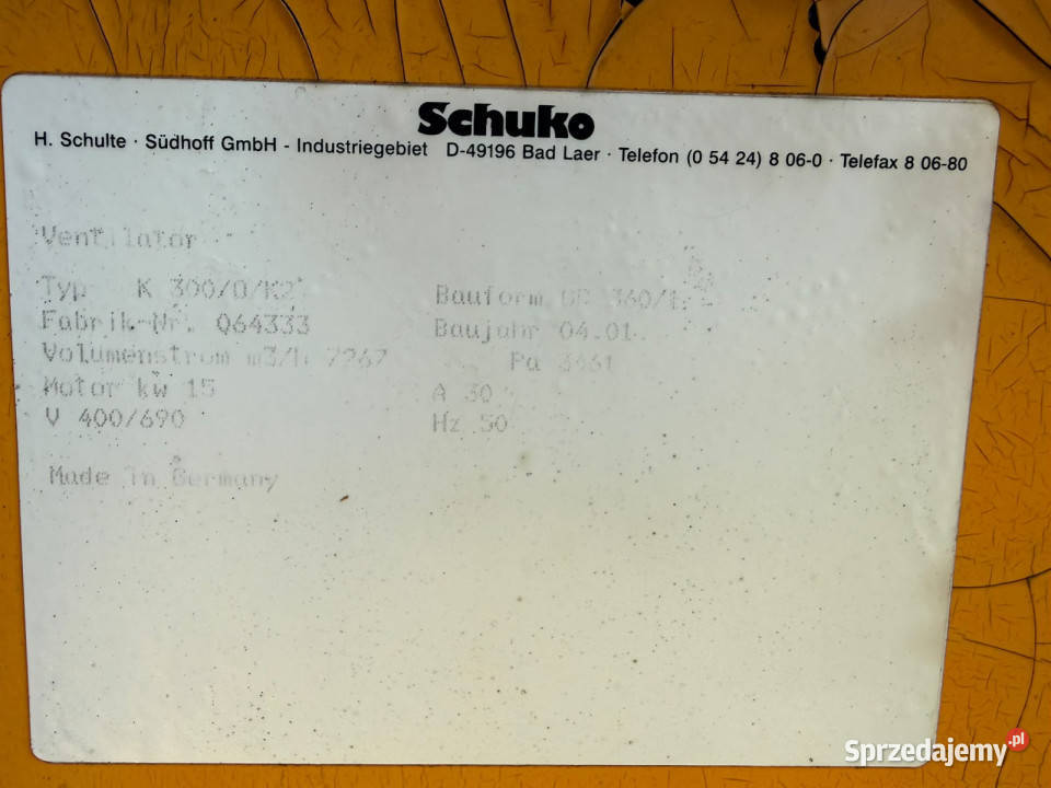 Wentylator odciągowy SCHUKO K 2800K2 15 kW 7387 Gronowo Górne sprzedam