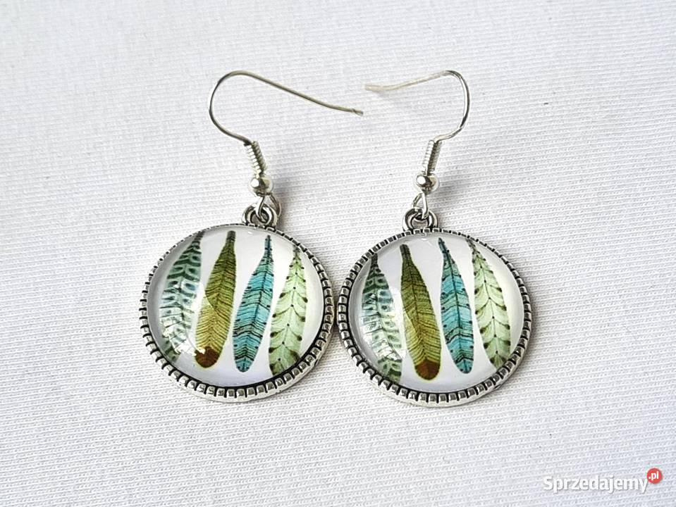 Kolczyki grafika pod szkłem miętowe piórka