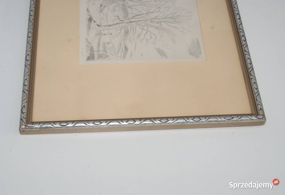 Stary obraz grafika krajobraz z ramką drewnianą Cieszyn