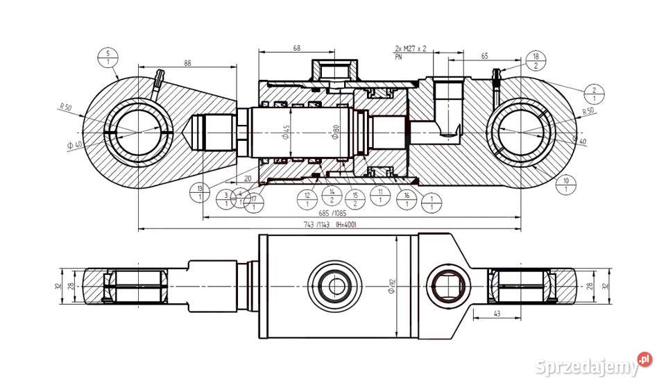 Siłownik Hydrauliczny CYLINDER 80x45x400 2STR nieuszkodzony