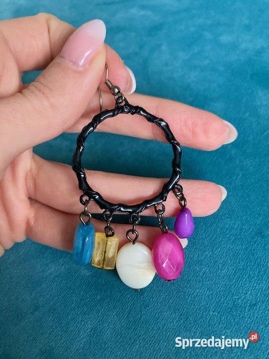 Piękne czarne kolczyki koła zawieszki kolorowe Kolczyki Zegarki i Biżuteria Nisko