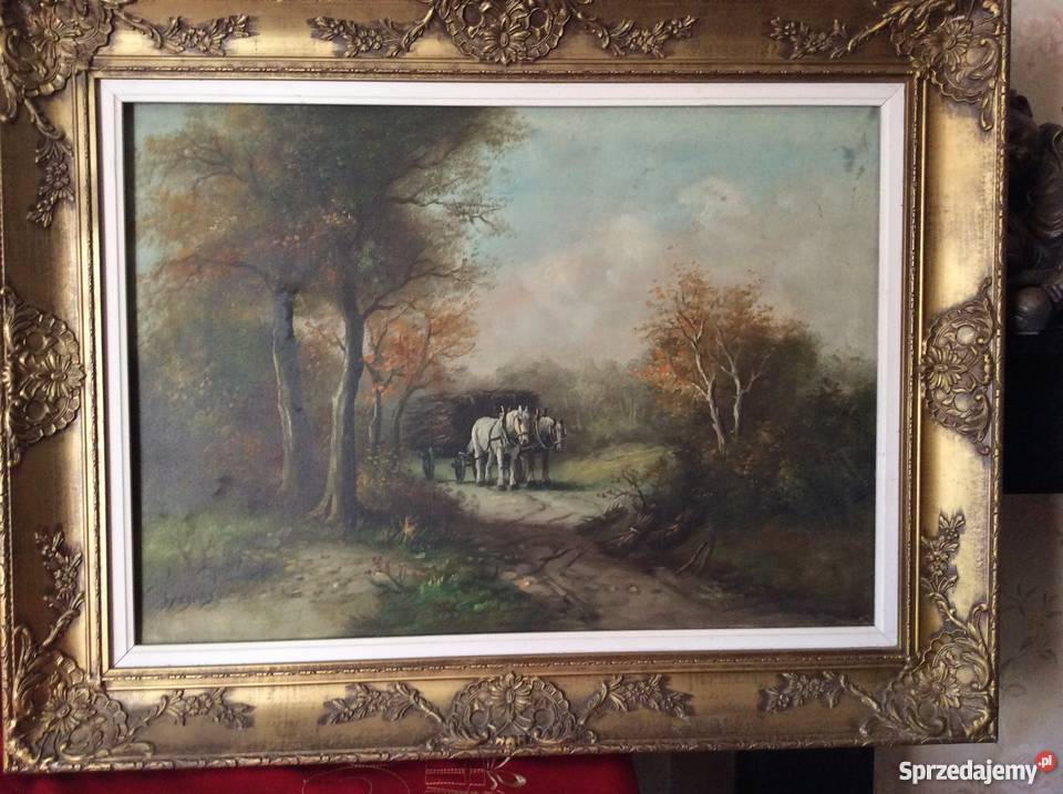 stary obraz olejny zaprzęg koński w lesie sprzedam